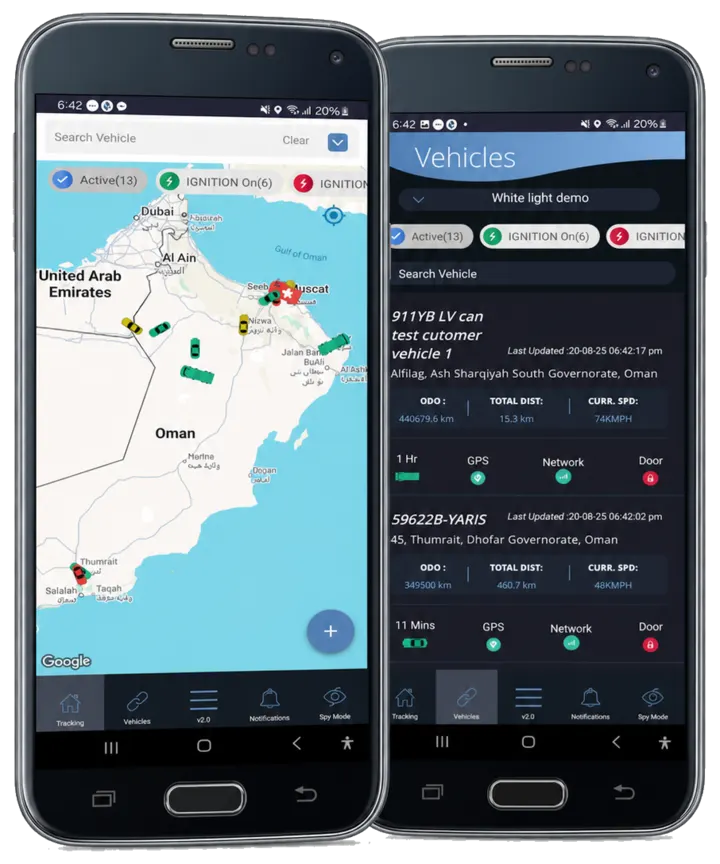 WFM Track mobile app map and vehicles screens
