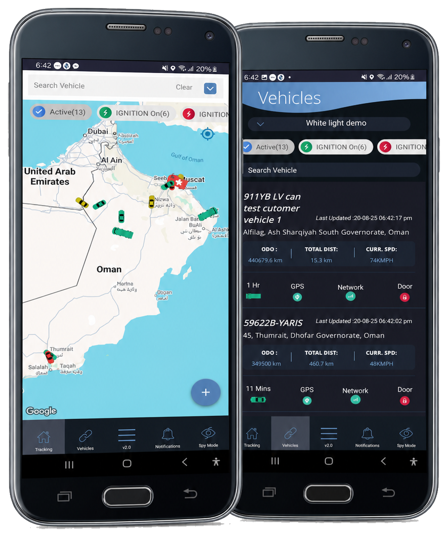 WFM Track mobile app map and vehicles screens